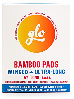 glo Light Incontinence Pads Women for Sensitive Bladders & Periods, Made from Organic Bamboo - Superior Leak Protection and Comfort Sanitary Towels - 10 Ultra-Long Pads