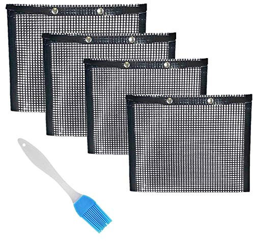 YDong Bbq Grill Mesh Bag, Non-Stick Bbq Grill Bag Grill Reusable And Easy To Clean Non-Stick Grid Grill Bag With Brush (4 Pack)