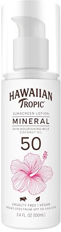 Hawaiian Tropic Skin Nourishing Milk Mineral Sunscreen Lotion SPF 50, 3.4 Fl Oz | Travel Size Sunscreen Zinc Oxide, Sun Milk, Mineral Sunblock SPF 50, Oxybenzone Free, 3.4 Fl Oz