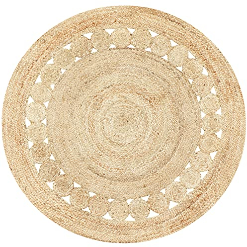 Marrakesch Handgewebter runder durchbrochener Jute Teppich Jemina 120cm groß | Outdoor Teppiche rund geflochten für Garten oder Balkon | Indoor als Mediterrane Deko im Wohnzimmer Kinderzimmer Zimmer