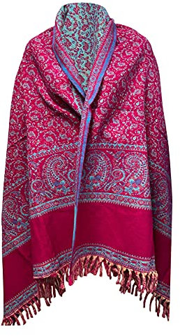 Winterschal aus reiner Yak-Wolle, handgefertigt, mit floralem Blättermuster, Pink / Blau