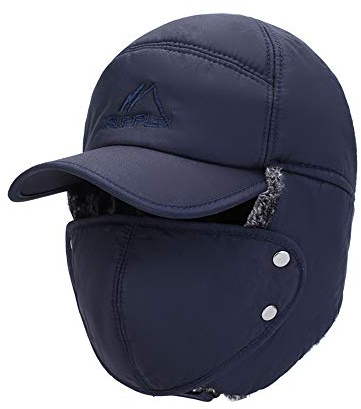 iNszkoos Winter Fliegermütze, Unisex Kunstfellmütze mit Ohrenklappen & Mundschutz für Herren Damen, Warm Trappermütze Bomber Hut, Fellmütze Pilotenmütze Wintermütze für Skifahren Outdoor (Blau, L)
