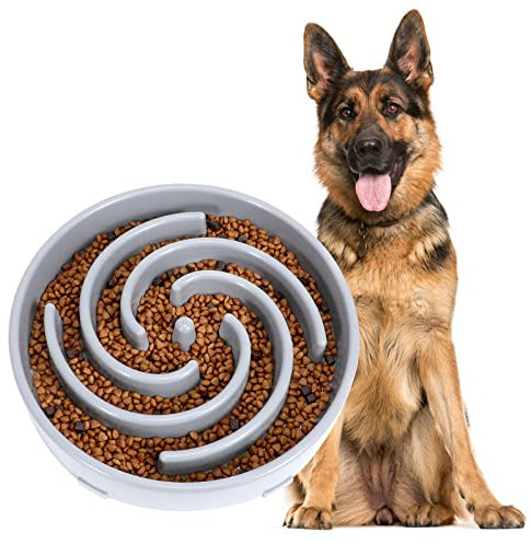 Large Pet Slow Feeder Dog Bowl, Slow Eating Dog Bowl Fun Puzzle Feeding Bowl Non Skid Bloat Stop Dog Food Bowl Interactive Maze Bowl Light grey