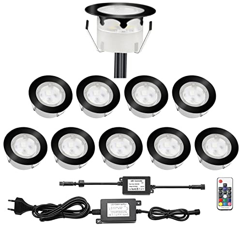 CHNXU LED Bodeneinbaustrahler 10er Set Farbwechse RGB Treppenbeleuchtung Ø45mm Terrassen Einbaustrahler Aussen 12V IP67 Wasserdicht Bodenlampe für Garten Holzbrücke Pool Holzdeck, Schwarz