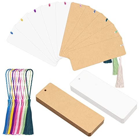 WANDIC Blanko Lesezeichen, 120 Weiße & Braune Leeres Lesezeichen, 120 Bunte Quasten, mit Loch, Basteln Papier Sublimation Rohlinge Set für DIY Handwerk Geschenkanhänger