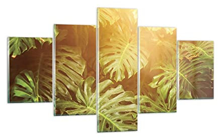 ARTTOR Mehrteilige Bilder auf Glas Blätter Monstera Licht Glasbild 125x70cm Wandbilder Dekoration Wohnzimmer Schlafzimmer Küche Set 5 teilige Klein Wanddeko Wand Kunstdruck Art Modern GEA125x70-4540