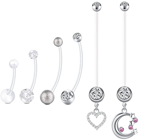 AceFun Schwangerschafts Bauchsnabelpiercing Schwangerschafts Bauchringe Mutterschaft Acryl Bioflex 14/16/25/32/35/38mmmm 14G Lange Langhanteln Babyfüße Baumeln CZ Retainer Moon Heart 1,6 mm Silber