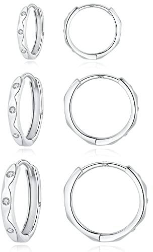 Loutade Silver Hoops Earrings for Women, 3 Pairs 925 Sterling Silver Hoop Earrings Set with Cubic Zircon, Small Unisex Huggie Sleeper Cartilage Hypoallergenic Silver Hoop Earrings in 9/11 / 13mm