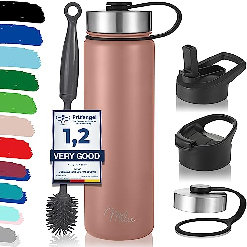 Milu Bouteille en acier inoxydable 500ml, 750ml, 1l (+3 couvercles) - Bouteille thermo avec paille, bouteille d'eau, pour boissons chaudes, froides et gazeuses (Or rose, 750ml)