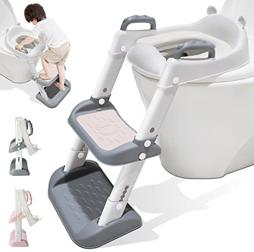 Potty Training Toilet Seat Toddler Toilets Seats Kids Steps Trainer with Stairs Splash Guard Baby Toilet Stool Soft Padded Toddlers Child Height Adjustable Non-Slip Childs Wc Chair Step Ladder | Grey