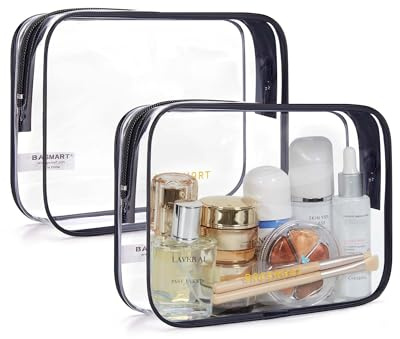 BAGSMART Clear Toiletry Bag, 2 Pack TSA Approved Travel Toiletry Bag Carry on Travel Accessories Bag Airport Airline Quart Size Bags Water Repellent Makeup Cosmetic Bag for Women (Black-2pcs)