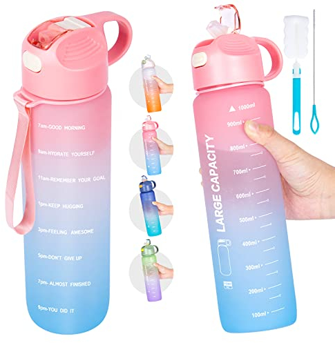 QCQHDU Trinkflasche 1L, aus Polyethylen, Sport-Wasserflasche mit Strohhalm & Zeitmacher, Wasserflasche mit Flaschenbürste und Filter, auslaufsicher, Radfahren, Büro und Schule (Rosa)…