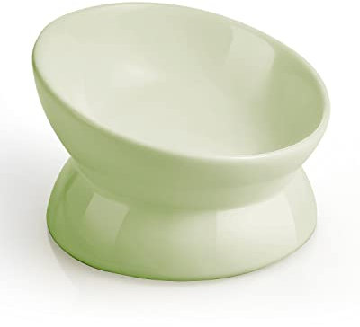 LoeJan Elevated Cat Food Bowl, 5 Oz Ceramic Raised and Tilted Pet Water Bowl, Anti Vomiting and Protect Pets' Spines Cat Dishes for Small Dog, Fat Faced Cat, Kitten (Green, 1 Pack)