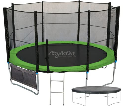PlayActive 6ft / 8ft / 10ft / 12ft / 14ft / 16ft Kids Trampoline with Safety Enclosure Net, Ladder, Weatherproof Cover, Shoe Bag Included… (Green, 14ft)