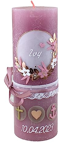 Cerziies® Taufkerze Rustik IVY Junge oder Mädchen mit Name und Datum, individuell und handverziert 1966, Variante:Klassischer Docht