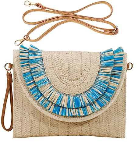 HINGTAT Bolso de mano de paja para mujer, bolso cruzado de paja, bolsas de playa para mujer, bolsa de tela de paja, bolsa de fiesta para fiesta de noche, 14-azul