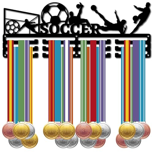 CREATCABIN Fußball-Medaillenaufhänger,Display,Fußball-Medaillenhalter,Rack,Sport,Metall,Zum Aufhängen,Sportler-Auszeichnungen,Eisen,Wandhalterung Für Wettkämpfe,Band,Medaillen,Schwarz,140x15cm
