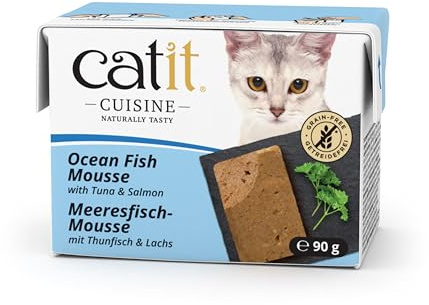 Catit Cuisine - Premium Nassfutter für Katzen - Mousse mit Meeresfisch mit Thunfisch und Lachs, Alleinfuttermittel, 90g, getreidefrei, hoher Fleischanteil