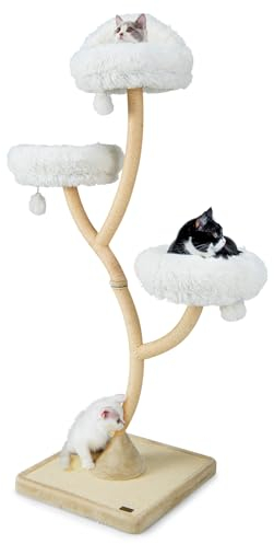 SOARS Kratzbaum groß, Katzenbaum stabil mit Eisengestell, Katzenkratzbaum mit 3 Plüschplattformen & Pompons, Katzen Baum aus Sisal, Höhe 178 cm (Beige)