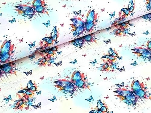 Eigenproduktion Baumwolljersey Regenbogen Schmetterling auf Hellrosa Stoff Meterware Kleiderstoff