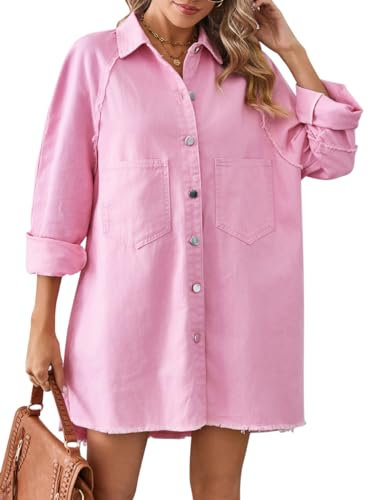 Tomwell Robe Jean Été Femme Manches Longues Robe De Plage Rétro Denim Robes Tourner Le Col Décontractée Couleur Unie Tuniques Ample Chemisier en Jean Mini Robe D Rose XS