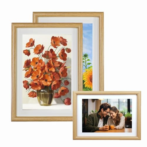 mauepersu Bilderrahmen, DIN A4 (23 x 32 cm) mit Papier-Passepartout 15x20 cm, hochwertiges Kunststoff Glas, Holz Rahmen, Horizontal oder Vertikal für Wandbehänge oder Tischdekoration