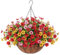 Autumn Artificial Flower Baskets Outdoor Patio Decorations Outdoor Floral Hanging Plant, 12 Metal Coconut Lined planters with Daisies Eucalyptus Leaves for Home Fall Decor(Red Yellow Pink)