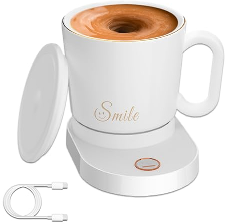 FOVNOT Taza Batidora Cerámico, 300ml Taza Batidora Con Tapa Café Más Cálido para Escritorio Apoyo Móvil Teléfono Inalámbrico Cargando Taza Electrica Adecuado para Café/Leche (Blanco)