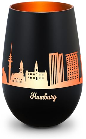 GRAVURZEILE Deko Windlicht aus Glas mit Gravur - Skyline Hamburg - Hochwertige 360° Lasergravur - Dekoratives Geschenk als Andenken, Souvenir oder für Sammler zum Geburtstag - Farbe: Schwarz/Bronze