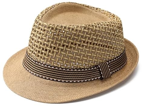 Summer Straw Fedora Hat for Men Youth Boys Packable Panama Trilby Hats Vintage Jazzy Cap Outdoor Cool Breathable Mesh Sun Hat for Travel Beach Holiday, Dad Boyfriend Gift Khaki