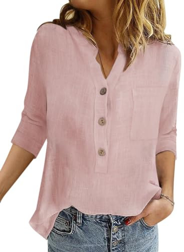 Onsoyours Chemisier Femme Chic Sexy Chemise en Coton Lin à Manche 3/4 Décontracté Blouse Ample à Col V Tunique Printemps Eté Top Couleur Unie Lâche Respirant T-Shirts A Rose L