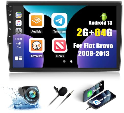 CAMECHO 2+64G Android 13 Autoradio Stereo für FIAT Bravo 2008-2013, 9 Zoll Wireless Carplay Bluetooth Radio 2Din mit Android Auto GPS WiFi FM/RDS Mirror Link +Rückfahrkamera Canbus 2USB