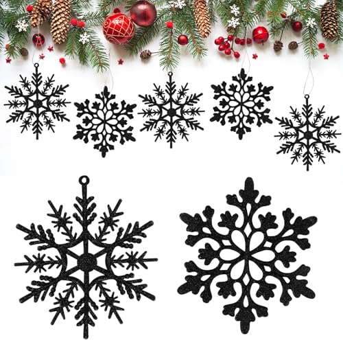 HERZONE 30pcs Weihnachtsschmuck Glitter Schneeflocken Weihnachtsbaum Anhänger 10cm Hängende Weihnachtsdeko für Weihnachtsdekoration(schwarz Schneeflocken Mix)