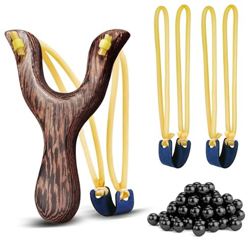 Deweey Holz Steinschleuder Set, Unlackierte Natur-Edel Holz Schleuder Zwille Slingshot Sportschleuder mit 3er Gummi + 100 St. Tonkugeln