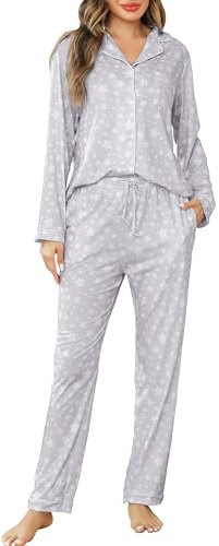 Vlazom Damen Schlafanzug Zweiteiliger Damen Pyjama mit Knopfleiste V-Ausschnitt Pyjama Set für Frauen Umlegekragen Lange Hose mit Gummibund Zweiteiliger Sleepwear（L，Graue Sterne）