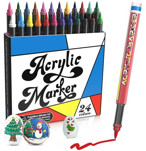 Nesayerk Feutres Acrylique, 24 Couleurs Acrylic Paint Marker pour Bricolage, Peinture sur œufs de Pâques, Dessin, Manga, Doodling et Calligraphie sur Galet, Pierre, Bois, Verre, Plastique, Toile