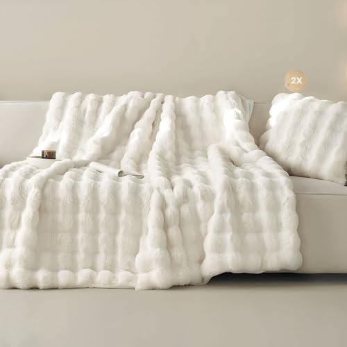 Miyacare Kuscheldecke 100x160 cm, Kaninchen Plüsch Decke, Super Soft Wohndecke Dick 650 G/M² Couchdecke Warme Überwurfdecke Sofadecke für Sofa Schlafzimmer Büro (Weiß+Kissenbezug, W100 x L160CM)