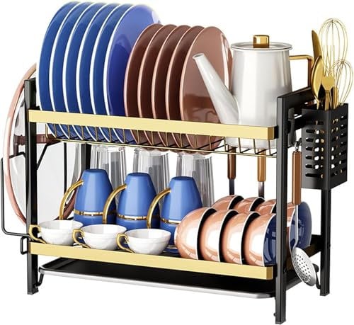 Escurridor de platos, escurridor de platos grande, escurridor multifuncional para encimera de cocina, escurridor que ahorra espacio con drenaje, portavasos y cubiertos para varias cocinas, dorado, 2 n
