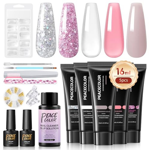 PEACECOLOR 17PCS Poly Nail Gel Kit, 16ML Nail Extension Gel and 30ML Slip Sloution,Clear Pink Glitter Builder Nail Gel,Nail Decoration Manicure Tools,Nail Kit for Beginners