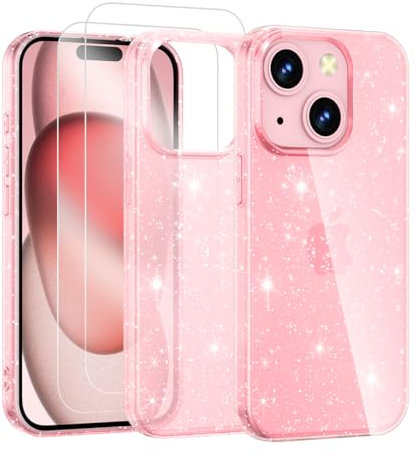Noyabox for iPhone 13/14 Clear Glitter Case with 2 Screen Protectors, Sparkling Soft Transparent TPU Bumper Scratch-Resistant for Women and Girls, Pink