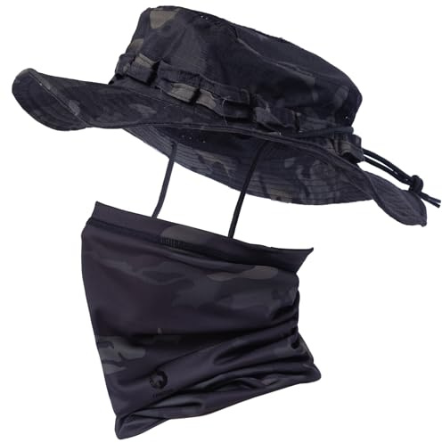 CAMOTER Camo Boonie Sonnenhut mit Gesichtsmaske, UV-Schutz, Fischerhut, Fischerhut für Jagd, Wandern, Militär, taktische Safari, Camo Cp Black, Einheitsgröße
