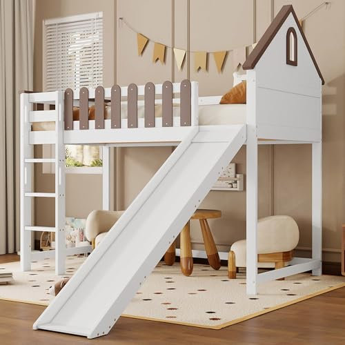 HAINEW Hochbett Kinderbett 90x200cm mit Rutsche und Leiter, Holzbett Stockbett Funktionsbett mit Dach und Fenster, Lattenrost und Rausfallschutz für Jungen oder Mädchen, Weiß+Walnuss