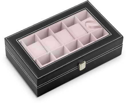 Massido Uhrenbox mit 12 Fächern Uhrenaufbewahrung Uhrenkoffer mit Glasdeckel 33 x 20,5 x 9 cm Schwarz Lachsfarben