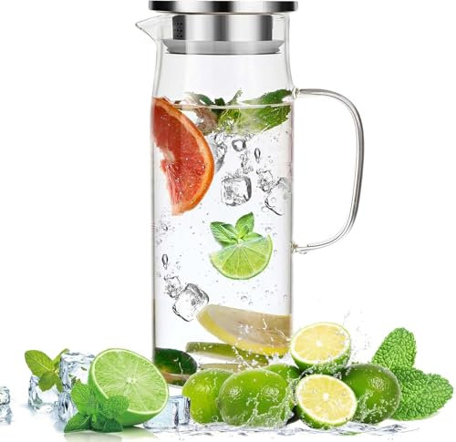1,5 Litri Brocca Acqua Vetro con Coperchio,Bottiglia d'acqua in vetro con coperchio di chiusura e filtro, adatta per acqua calda, tè freddo, caffè, latte, succo di frutta, vino