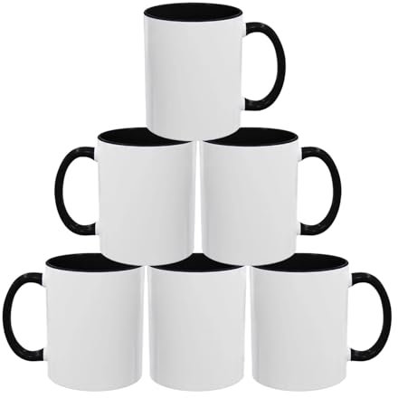 Sublimation Mugs 11oz Blank with Coloured Handle & Inner | Durable, Ceramic Mugs Perfect for Custom & DIY Printing, Gifts for Loved Ones | Available in Multiple Colour & Packs | Black Pack of 6