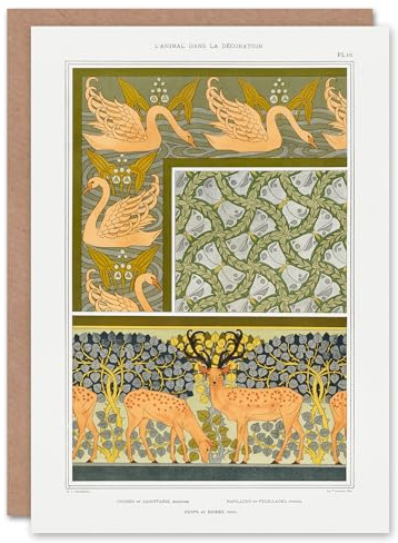 Artery8 Maurice Pillard Verneuil Art Card Swans Butterflies and Deer Patterns