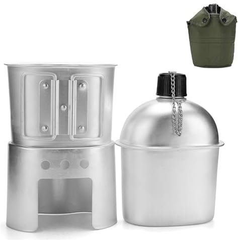 Homaskylynn Militär-Feldflasche, 4er-Set, Feldflasche, Becher, Herd, Beutel-Set for Outdoor-Camping, Überleben, Wandern, Rucksackreisen, Aluminium(1set)