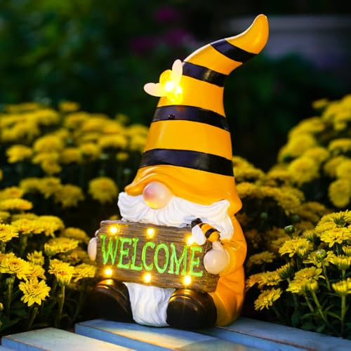 Goodeco Solar Gelbe Bienenzwerg Statue mit LED Solar Willkommenslicht Dekorative Gartenornament Zwerg Geschenke für Mama/Oma