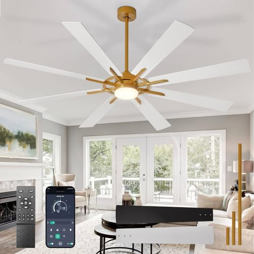 Depuley Große Deckenventilatoren mit Beleuchtung: Moderner 72-Zoll-Deckenventilator für den Außenbereich mit 8 Flügeln und APP-Steuerung - Dimmbare weiße Gold-Beleuchtung für große Ventilatoren