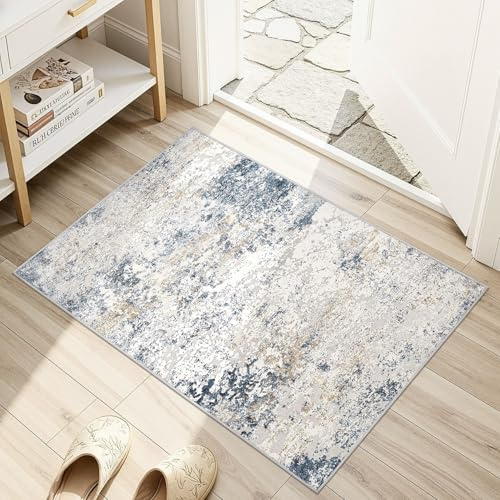 DMOYEST Kleiner Teppich 60x90cm Beige Blau Modern Waschbar | Kurzflor Weich Rutschfest Maschinenwaschbar, Geeignet für Eingang Bad Schlafzimmer Flur